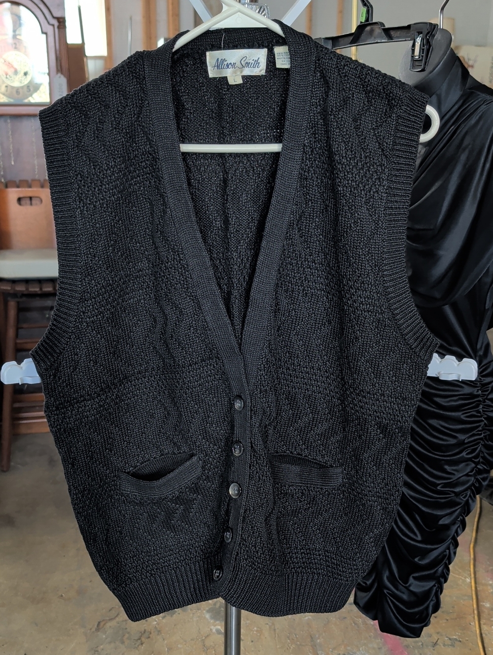 Vtg. Allison Smith Black Knit Zig-zag Button-Front Sweater Vest